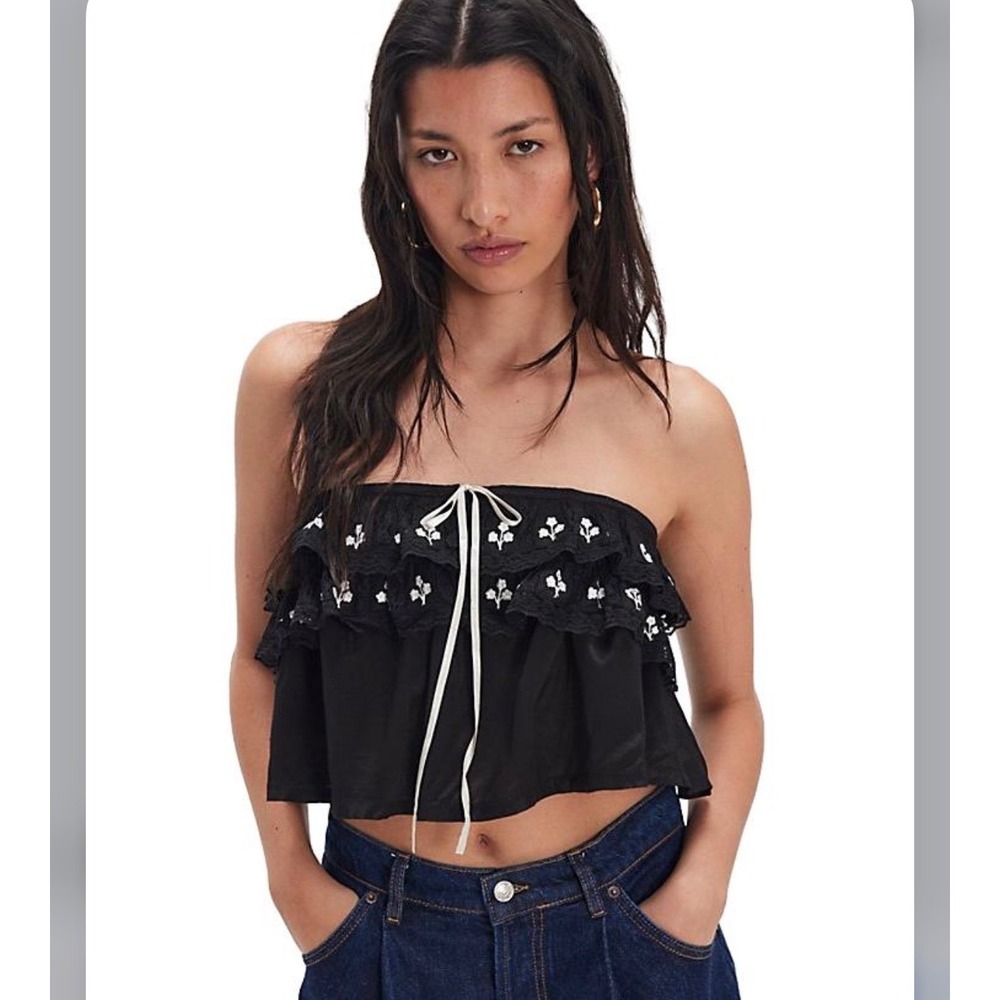 Free People Tailia Lace Embroidered Tube Top Size Small Black Boho Festival
